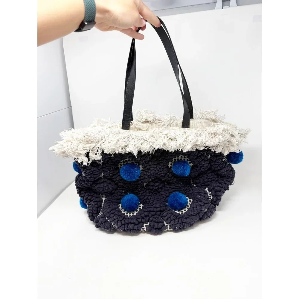 Tory Burch Womens Pom‎ Pom Fringe Canvas Large Woven Tote Bag Double Handle Navy